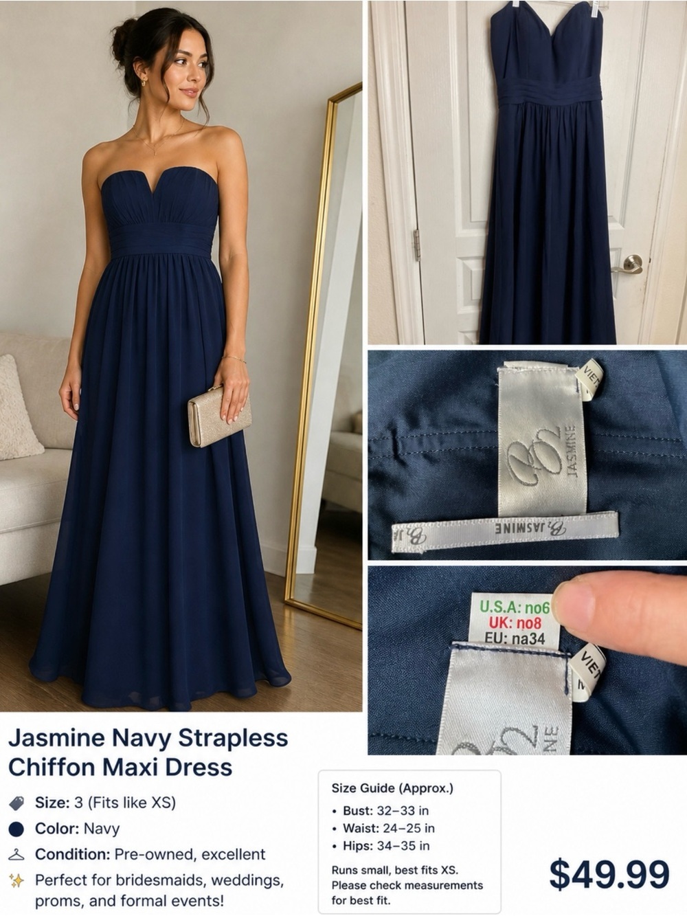 Jasmine Navy Strapless Chiffon Maxi Dress Size 3 XS Bridesmaid Formal